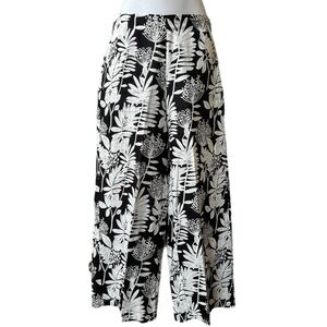 Tahari 100% Linen Black n White Tropical Floral Cropped Wide Leg Pants